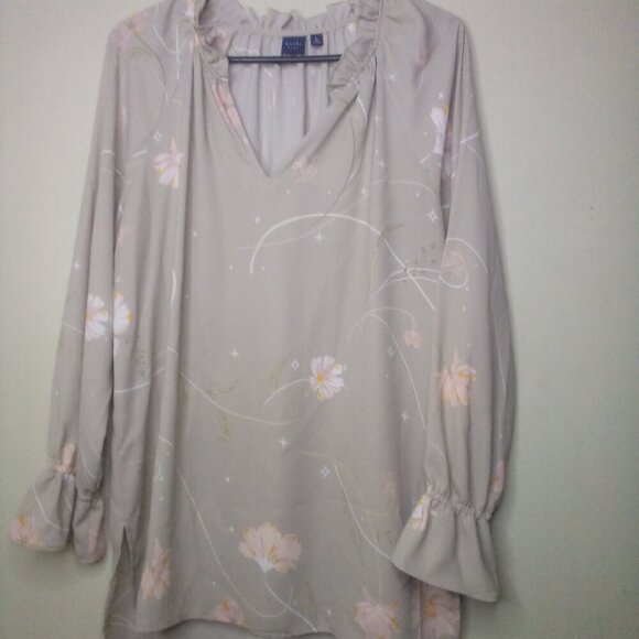 Kaari Blue Shirt Blouse L Long Sleeve Ruffle V-Neck Floral Tan Pink - Picture 15 of 16